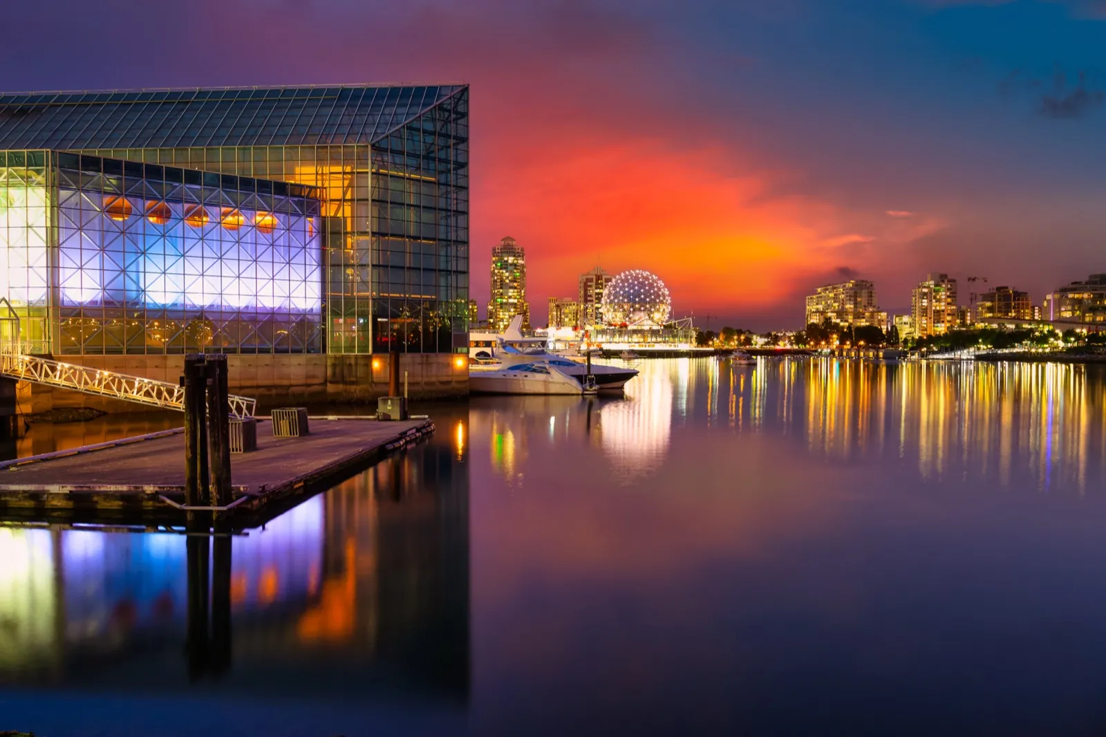 False Creek and the Science World dome at sunset, Vancouver