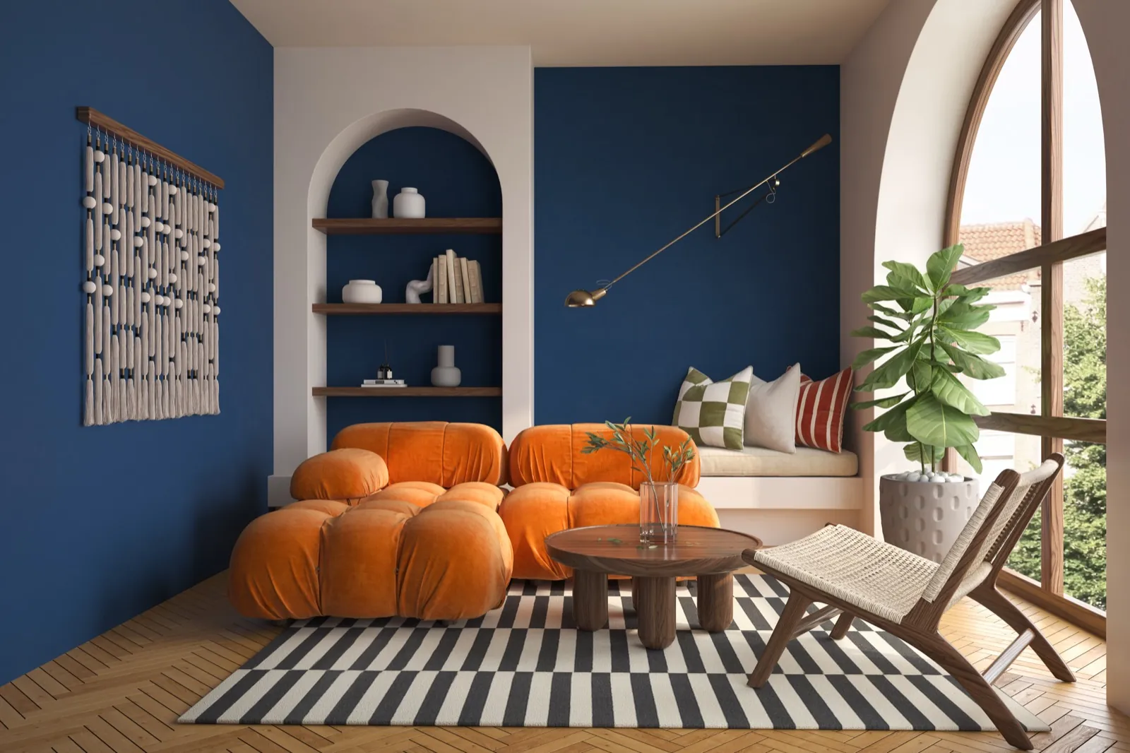 Styled modern living room with an arched window, ready for sale